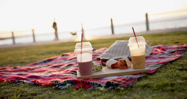 Image shows outdoor picnic arrangement with smoothies and snacks on plaid blanket. Ideal for promoting outdoors activities, healthy eating or relaxation. Suitable for summer event promotions, lifestyle blogs, or travel brochures.