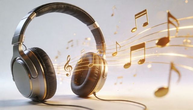 Over-ear headphones resting amid glowing golden musical notes and streaming sound waves