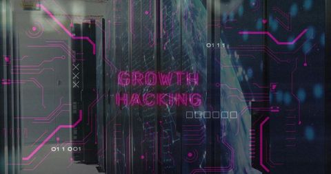 Growth Hacking Neon Overlay Projecting over Server Racks with Blinking LEDs and Futuristic Circuitry