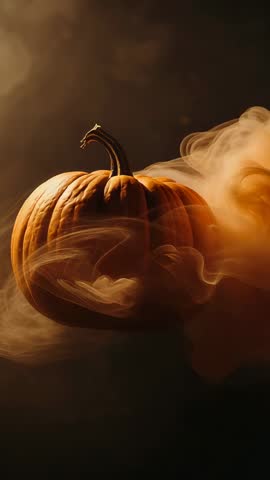 Moody vertical video with drifting smoke wrapping around pumpkin in amber mist
