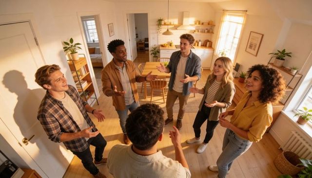 Young friends chatting in sunlit open-plan apartment, casual home gathering lifestyle