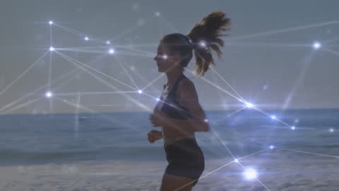 Woman Jogging on Beach with Digital Network Overlay