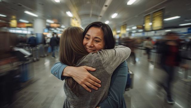 Heartfelt reunion hug between asian woman and hispanic traveler at busy airport terminal