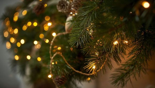 Warm golden Christmas garland with pine cones and bokeh lights for cozy holiday decor