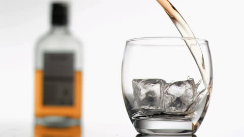 Pouring Scotch in Glass with Ice in Slow Motion