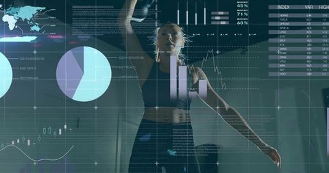 Female Athlete with Kettlebell Analyzing Performance through Data