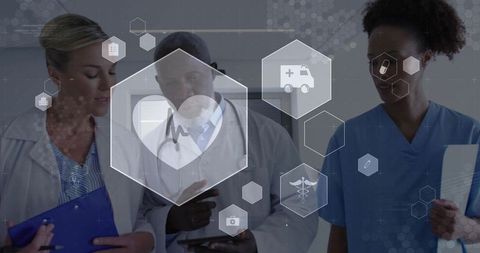 Healthcare Professionals Reviewing Digital Data with Icons Overlay