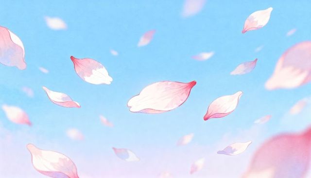 Floating pink-and-white cherry blossom petals against soft blue sky spring background
