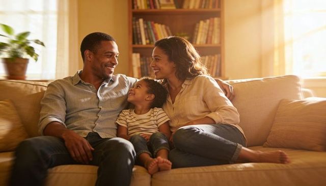 Smiling family sharing cozy moment on beige sofa with sunlit bookcase and warm glow