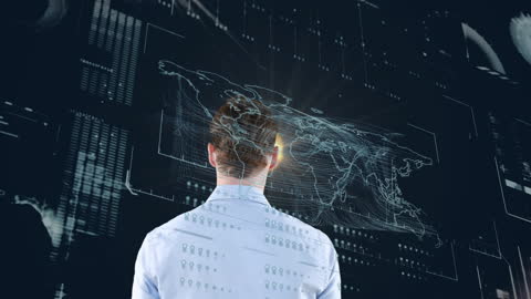 Businessperson Analyzing Digital World Map and Financial Data Interface