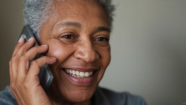 Smiling senior woman talking on smartphone closeup headshot joyful mature adult portrait