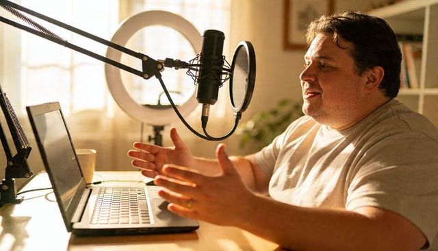 Podcaster hosting intimate home studio, gesturing while recording into microphone with laptop