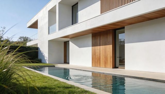 Minimalist modern two-story home featuring narrow lap pool and timber facade