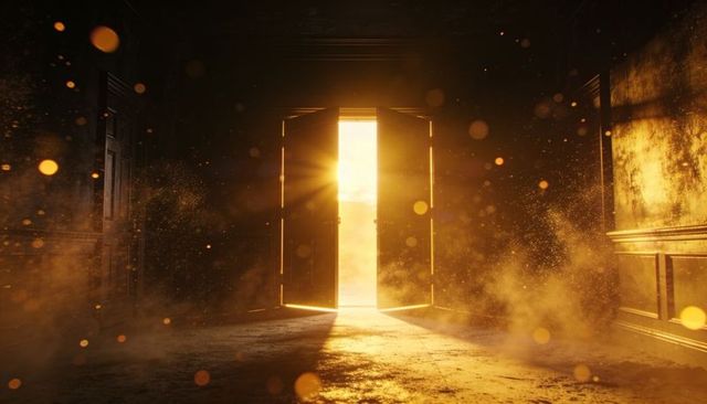 Glowing double doors spilling golden light into dusty abandoned room with swirling dust
