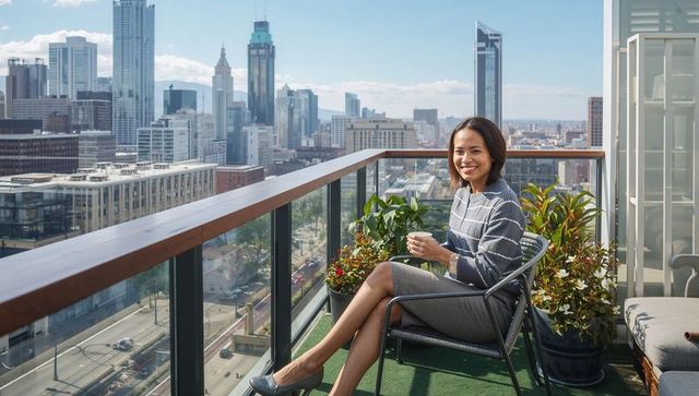 Smiling businesswoman sipping coffee on urban balcony overlooking modern city skyline