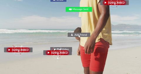 Man and boy walking on sunny beach with social media ui overlays and copy space
