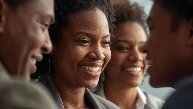 Smiling black businesswoman sharing warm conversation with female colleagues and teamwork