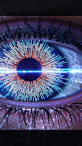 Vertical eye scan showing holographic HUD iris scan with futuristic light beam and particles