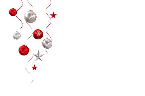 Festive christmas decorations with red ornaments and silver streamers on transparent background
