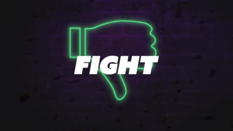 Neon Thumb Down Icon with Fight Text on Abstract Background