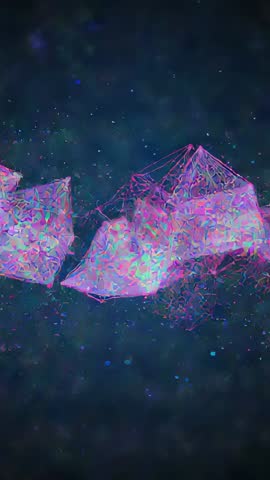 Vertical loop of pulsating polyhedral network fragmenting in neon cyberspace