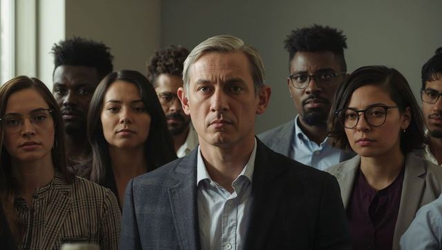 Executive leader standing before diverse corporate team conveying resolve and leadership