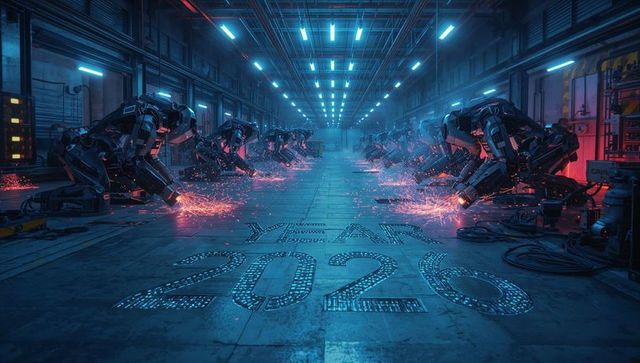 Futuristic Robotic Welding Line Emitting Neon Sparks in High-Tech Manufacturing Year 2026