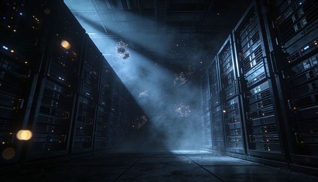 Blue datacenter aisle with misty beam, floating data particles and glowing server racks
