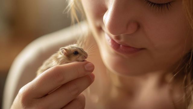 Cradling young woman holding tiny hamster close to face warm intimate pet portrait