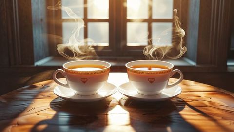 Steaming China Teacups on Rustic Wooden Table in Morning Light