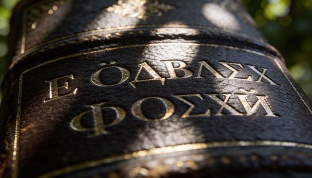 Dappled sunlight falling on antique leatherbound book spine with gold greek lettering