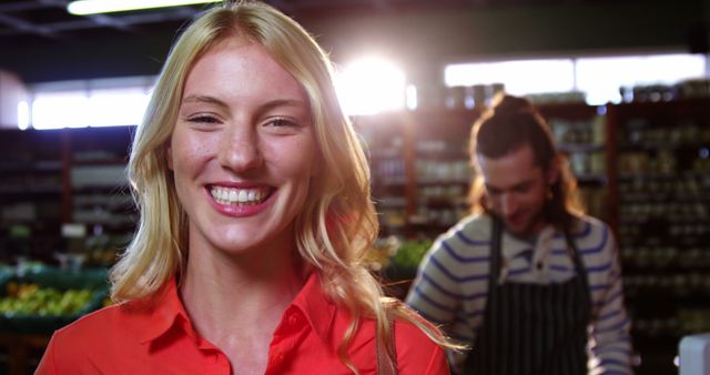 Happy Woman Smiling in Grocery Store Aisle - Download Free Stock Images Pikwizard.com