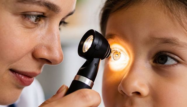 Pediatrician examining young child's eye with ophthalmoscope close-up showing pupil detail