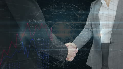 Business Professionals Shaking Hands with Financial Data Overlay