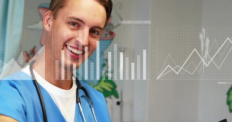 Smiling healthcare professional presenting digital medical data and charts with stethoscope