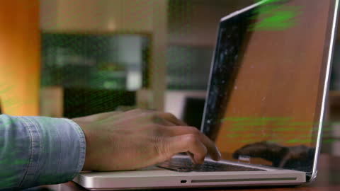 Hands Typing on Laptop with Data Streaming Animation
