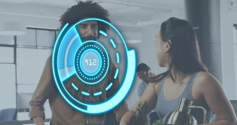 Coworkers collaborating with futuristic holographic interface showing 91.2