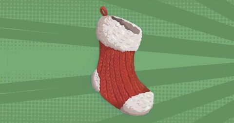 Festive Red Christmas Stocking with White Fur Trim on Green Graphic Background