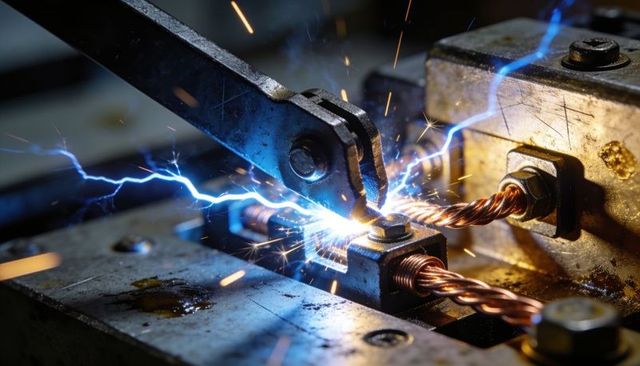 Industrial electrical arc creating blue lightning and orange sparks on bolted copper terminal