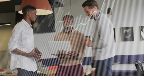 Diverse Team Engaging in Data Analysis with Digital Overlay