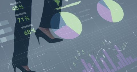 Businesswoman Walking Amidst Analytics and Graphs