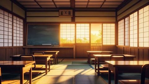 Japanese-style classroom at sunset with tatami mats