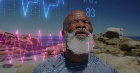 Senior athlete breathing deeply on coastal rocky shore