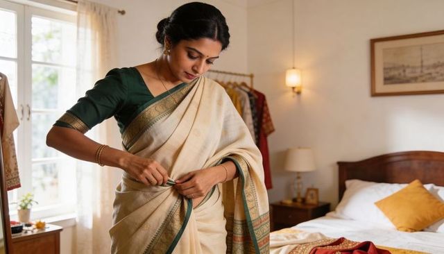 Indian woman adjusting cream saree with green blouse, fastening pleats in sunlit bedroom