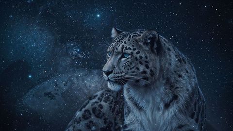 Snow Leopard with Celestial Background Stars and Nebulae