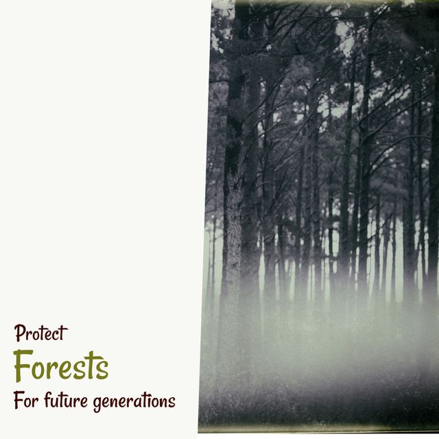 An image of a misty forest with text promoting the importance of protecting forests for future generations. Ideal for environmental campaigns, educational materials, and sustainability promotions.