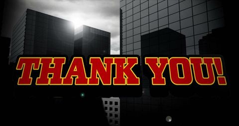 Thank you text overlaying tall urban cityscape
