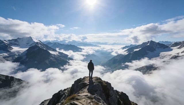 Hiker standing on rocky summit ridge surveying vast alpine valley above clouds