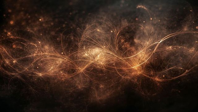 Glowing golden fiber ribbon flowing across dark field with luminous nodes and particles