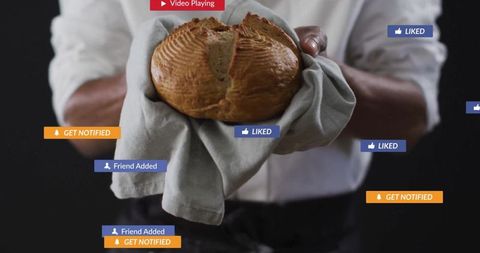 Artisan bread with social media engagement icons on display